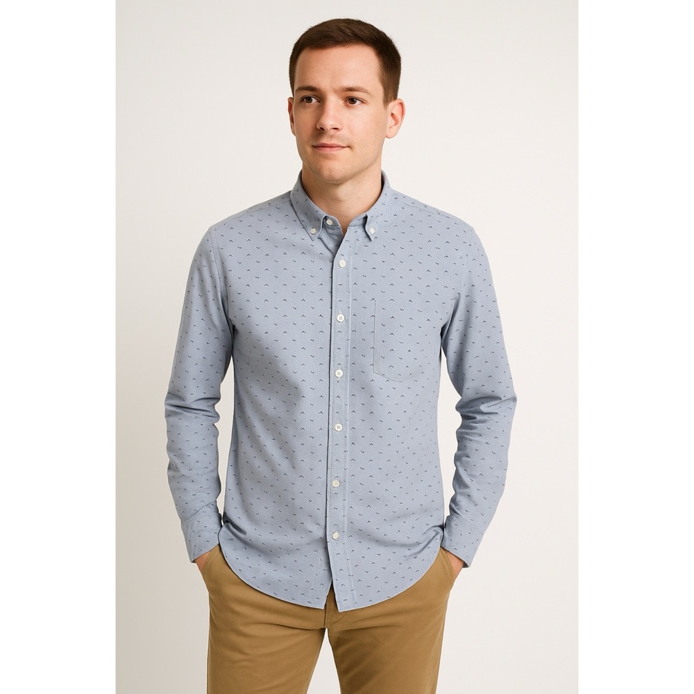 Native Code Men’s Blue Geometric Button Front Cotton Casual Shirt Long Sleeve XL
